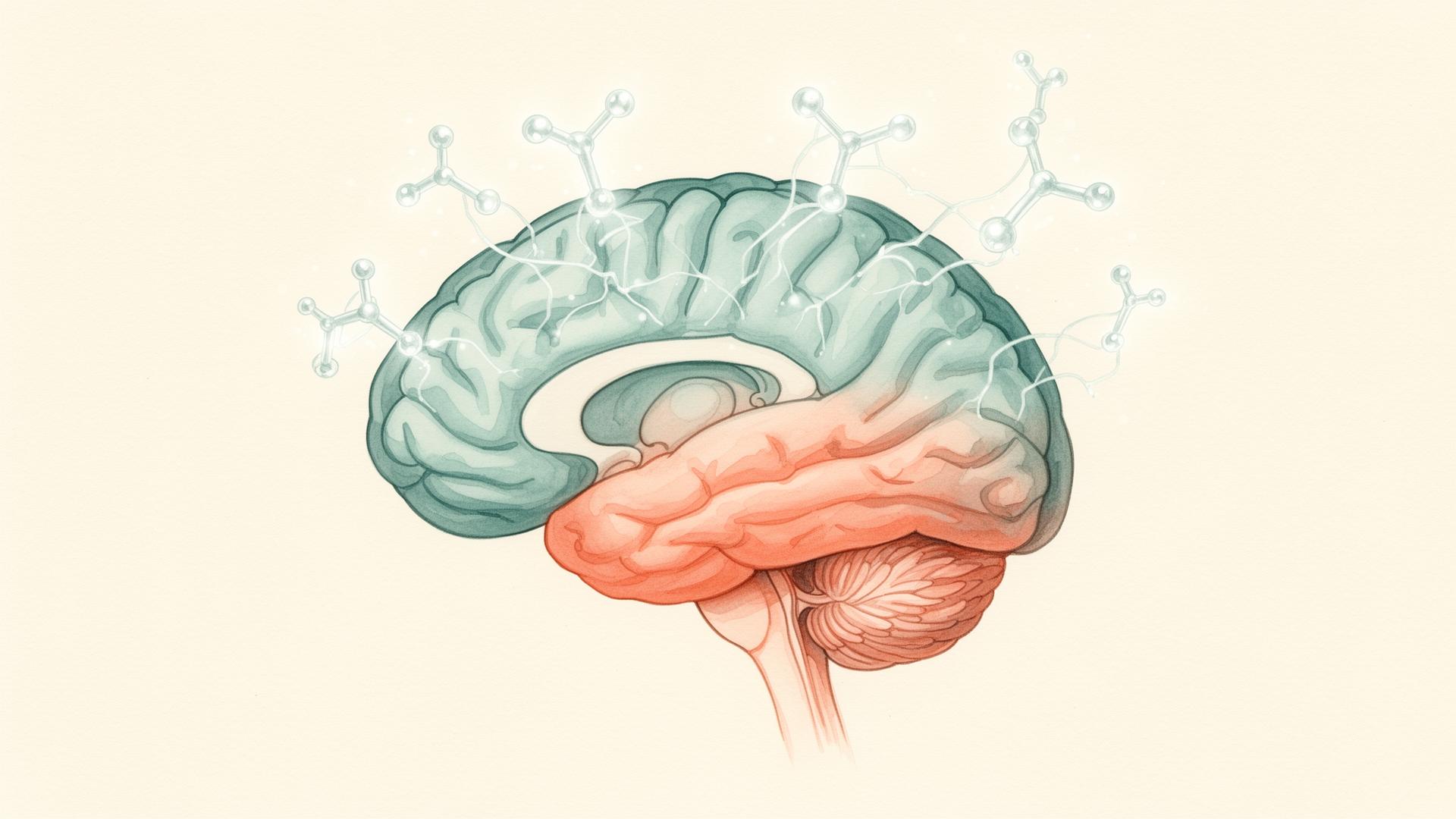 Ilustración acuarela de un cerebro rodeado de anticuerpos, representando la encefalitis autoinmune
